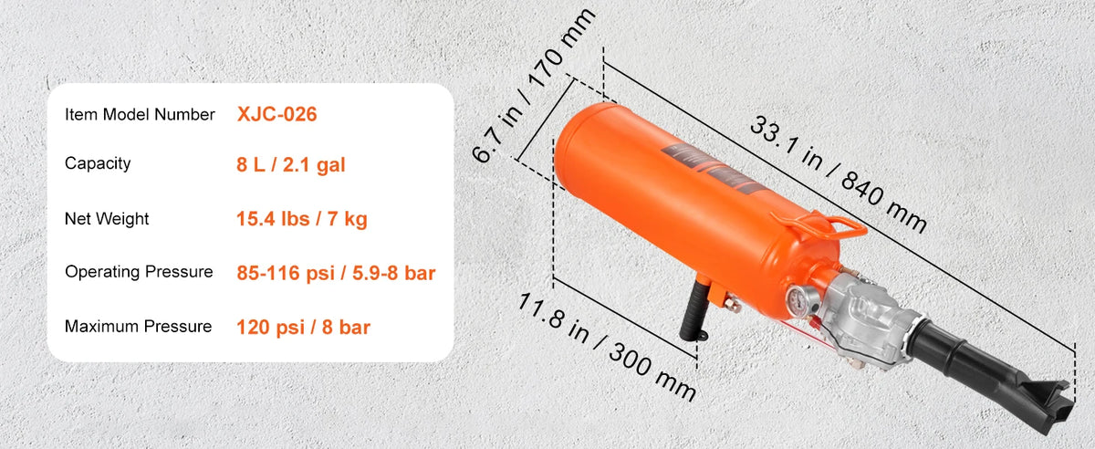 Orange handheld air blaster for tire bead seating, showing dimensions and pressure ratings.