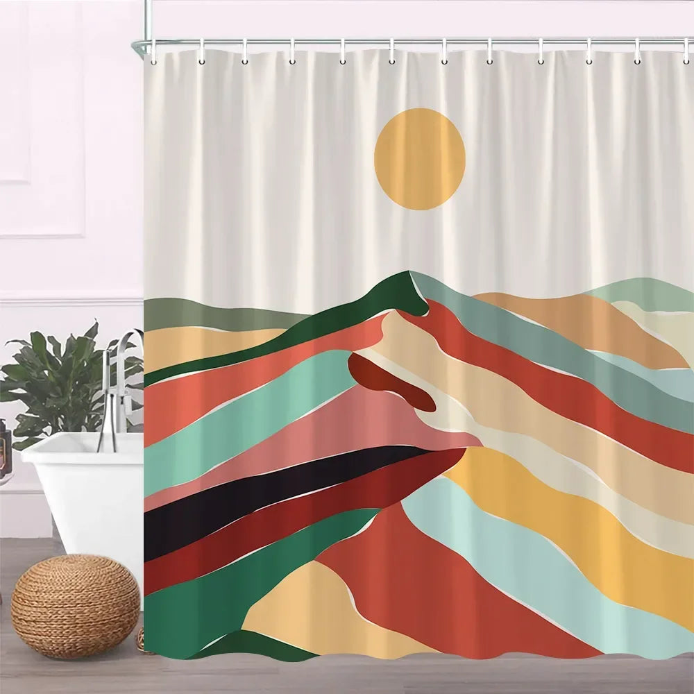A fabric shower curtain featuring geometric stripes in shades of orange, green, pink, and beige against a light background.