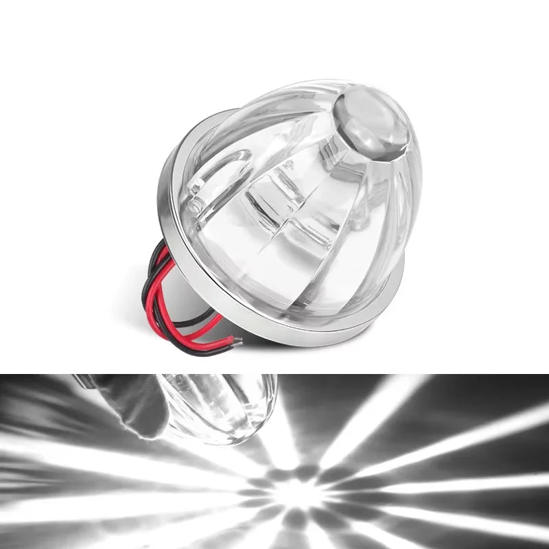 A clear waterproof LED side marker light is shown, with a close-up of its bright beam pattern.