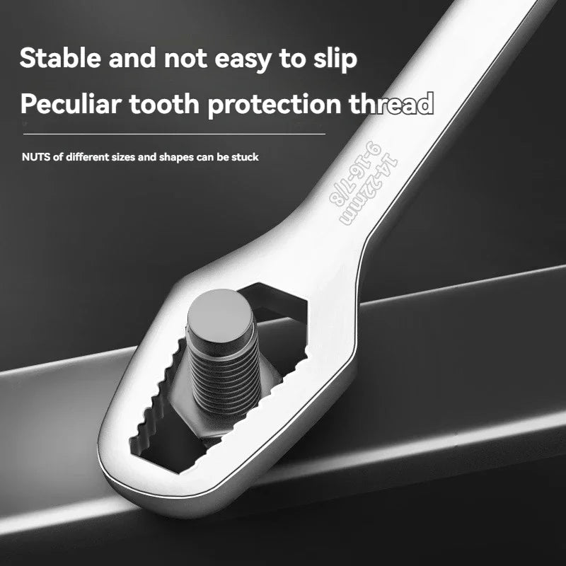 A silver peculiar tooth protection thread tool is shown gripping a nut on a metal bar.
