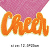 Orange chenille letter patch spelling Cheer, size 12, measuring 5x25cm.