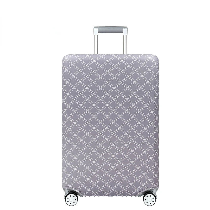 A gray stretchable luggage cover with a diamond pattern and a silver handle and wheels.