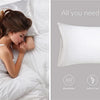 A white silky satin pillowcase is shown in a close-up, with text highlighting breathable, soft & cozy, and machine washable f