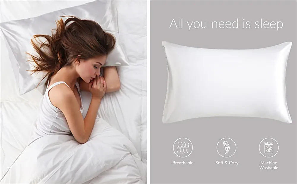 A white silky satin pillowcase is shown in a close-up, with text highlighting breathable, soft & cozy, and machine washable f