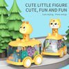 A yellow cute little figure press and go gear car toy for toddlers with a giraffe design.