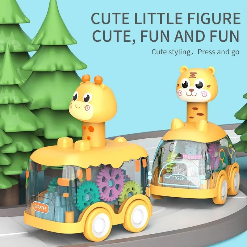 A yellow cute little figure press and go gear car toy for toddlers with a giraffe design.