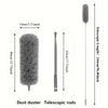 A gray telescopic duster with a fluffy head and rods shown next to its dimensions.