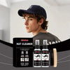 A man wearing a black hat is shown next to a box containing a complete hat cleaning kit with two spray bottles and a brush.