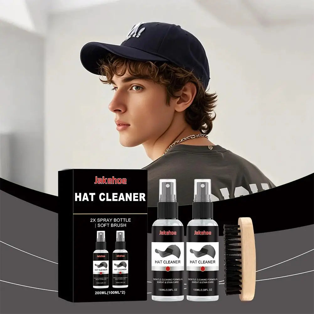 A man wearing a black hat is shown next to a box containing a complete hat cleaning kit with two spray bottles and a brush.