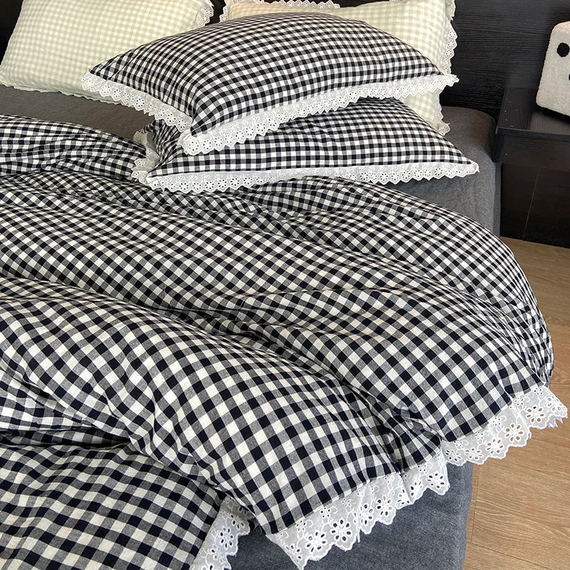 Lace Trim Plaid Duvet Cover Set with Pillowcases