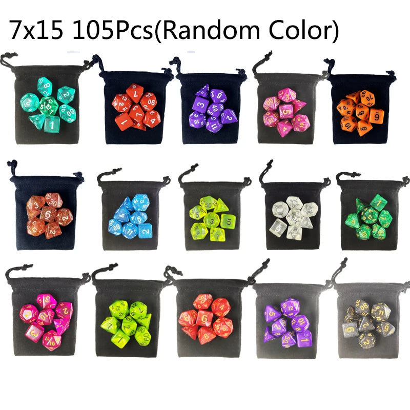 A set of 105 random color polyhedral dice stored in individual black fabric bags.