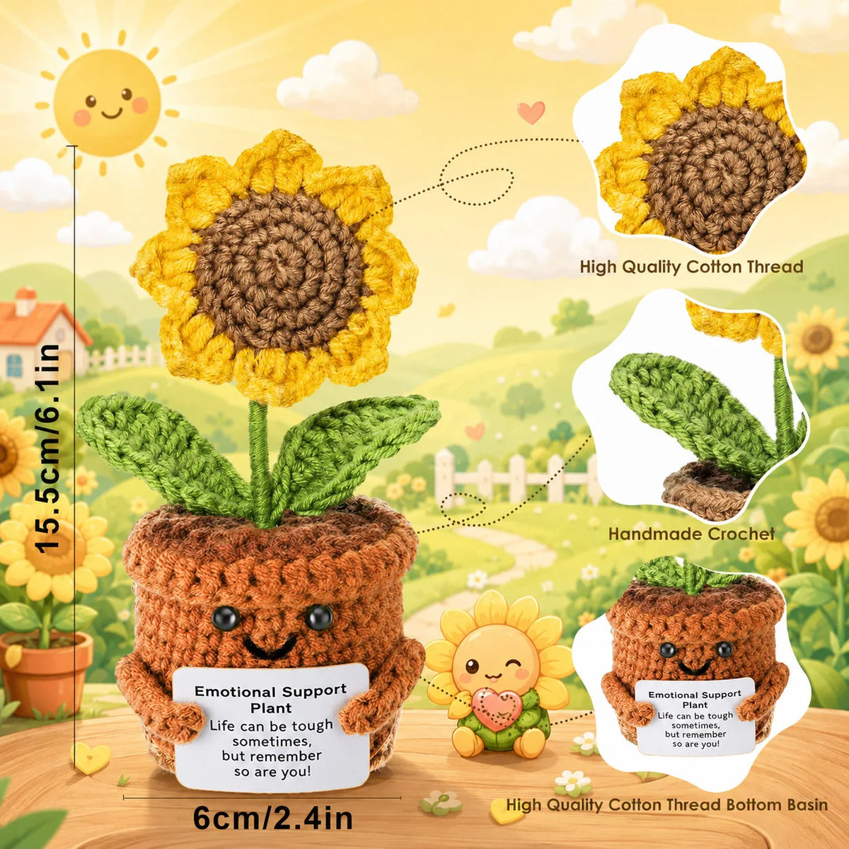 Handmade crochet plant doll with a sunflower head and a cotton thread bottom basin