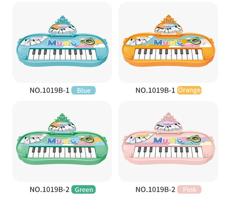 A collection of electronic piano toys in various colors including blue, orange, green, and pink.