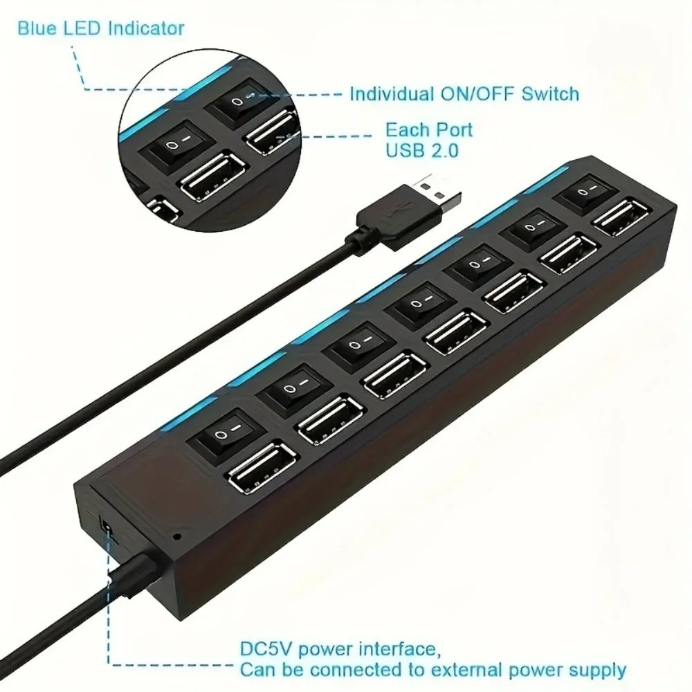 7-Port USB 2.0 Hub with Power Adapter and On/Off Switches