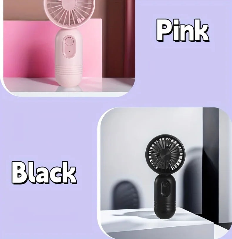 A pink mini USB rechargeable handheld fan is shown next to a black one, highlighting the color options.