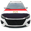 A white car hood cover featuring the national flag design on the front of a vehicle.