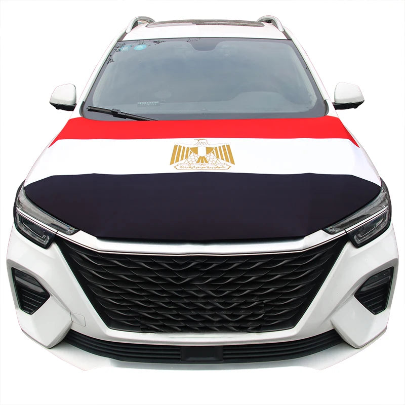 A white car hood cover featuring the national flag design on the front of a vehicle.