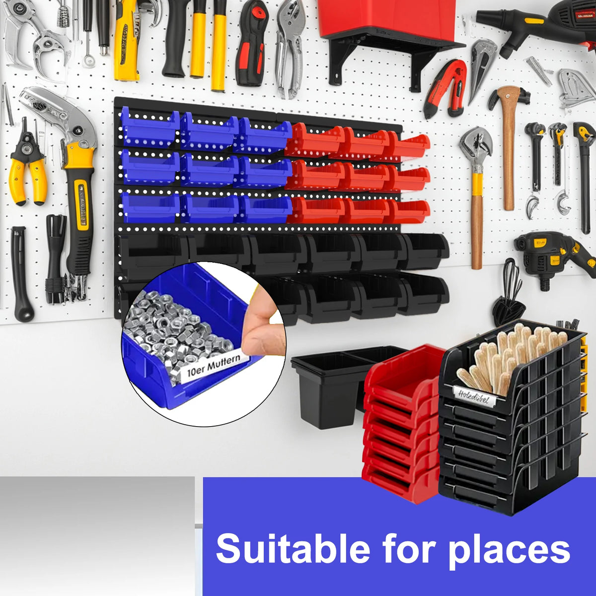 A collection of colorful plastic storage bins and tools mounted on a pegboard for organized storage.
