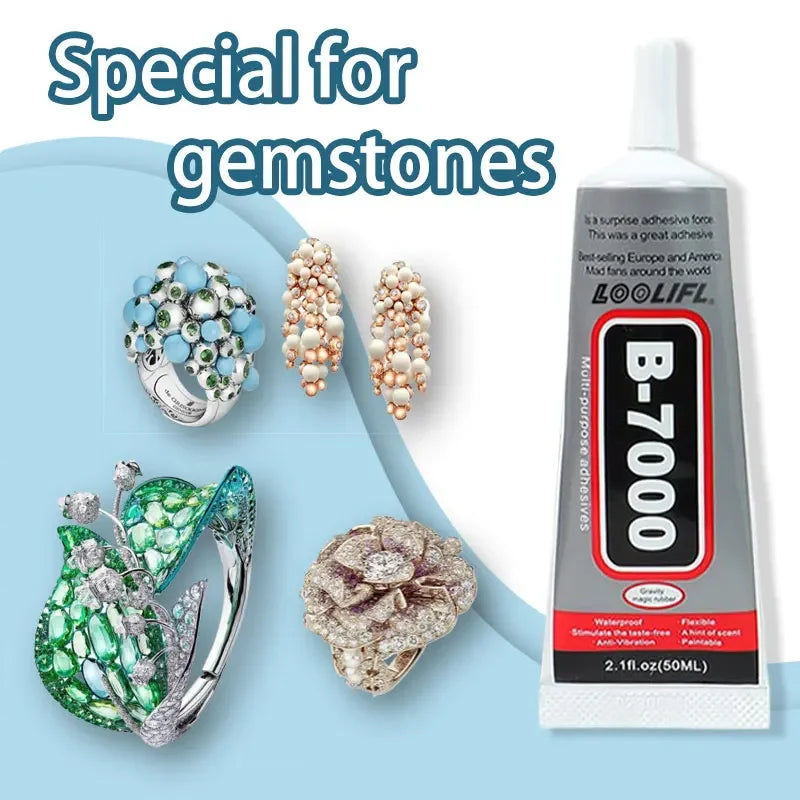 A bottle of LOOLIF B-7000 adhesive glue for gemstones and jewelry crafts with various gemstone examples.