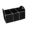 Black foldable car trunk organizer with three compartments and a handle