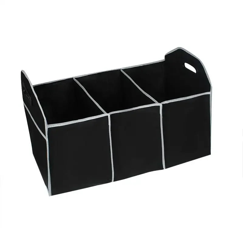 Black foldable car trunk organizer with three compartments and a handle