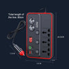 A black portable car power inverter with dual AC outlets and four USB ports shown with its dimensions.