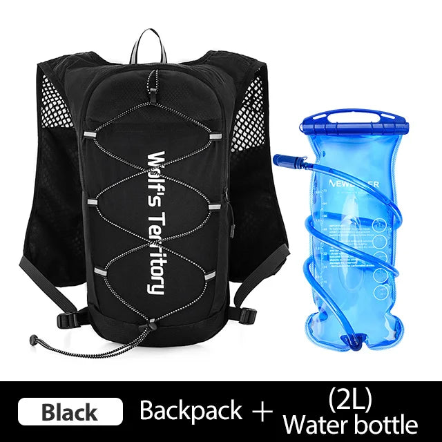 Black backpack and 2-liter water bottle shown together