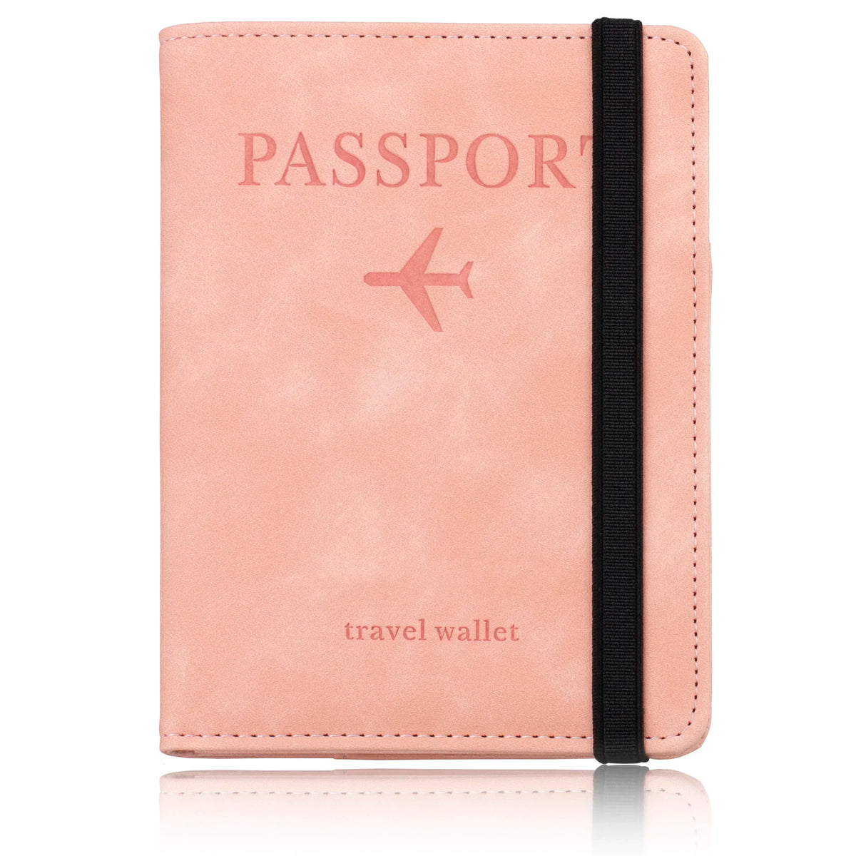 Porte-passeport en cuir rose avec l'inscription passport et travel wallet.