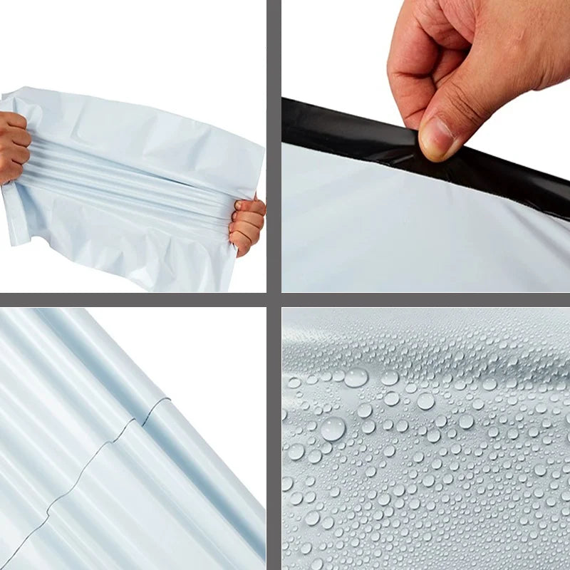 Close-up view of self-sealing mailing bags showing the material texture and sealing mechanism.