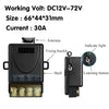 Black DC relay switch with antenna and learning button for 12-72V DC power.