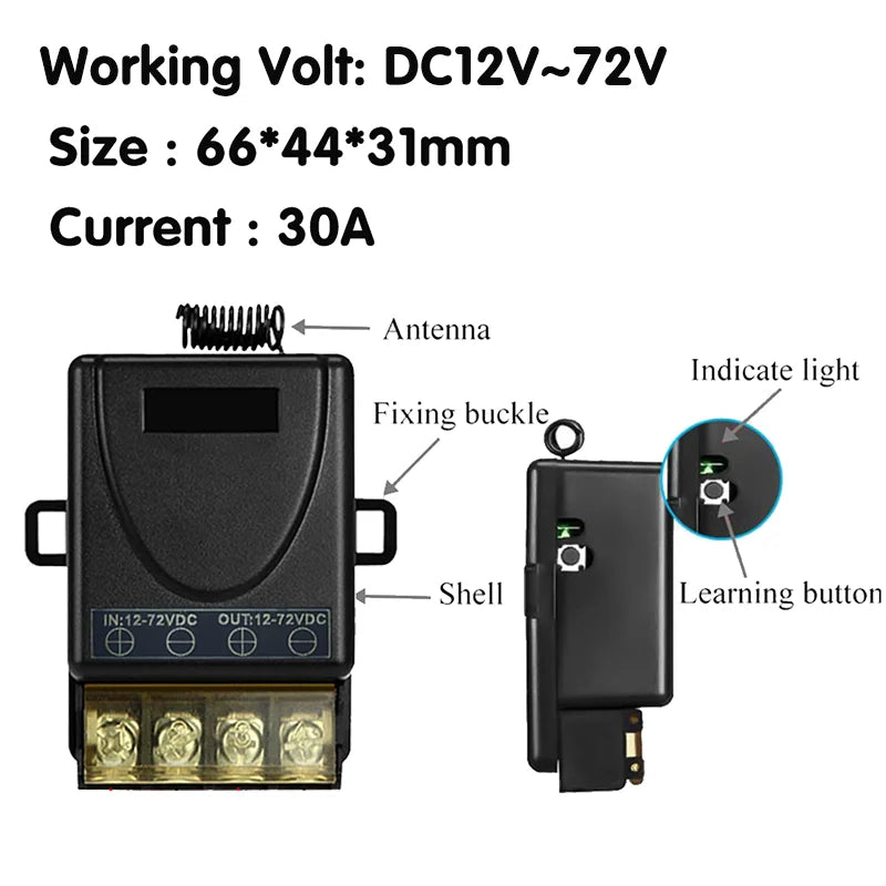 Black DC relay switch with antenna and learning button for 12-72V DC power.