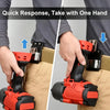 A hand is shown quickly taking a red clip-on tool belt holster off a person's waist.