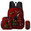 A black football star backpack set featuring a main backpack and a separate pencil bag, both with a red and green soccer play
