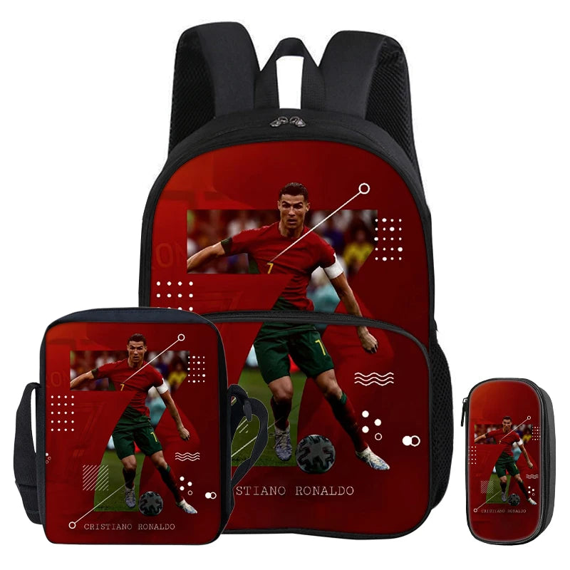 A black football star backpack set featuring a main backpack and a separate pencil bag, both with a red and green soccer play