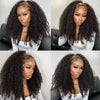 A woman models a black kinky curly human hair half wig with a drawstring