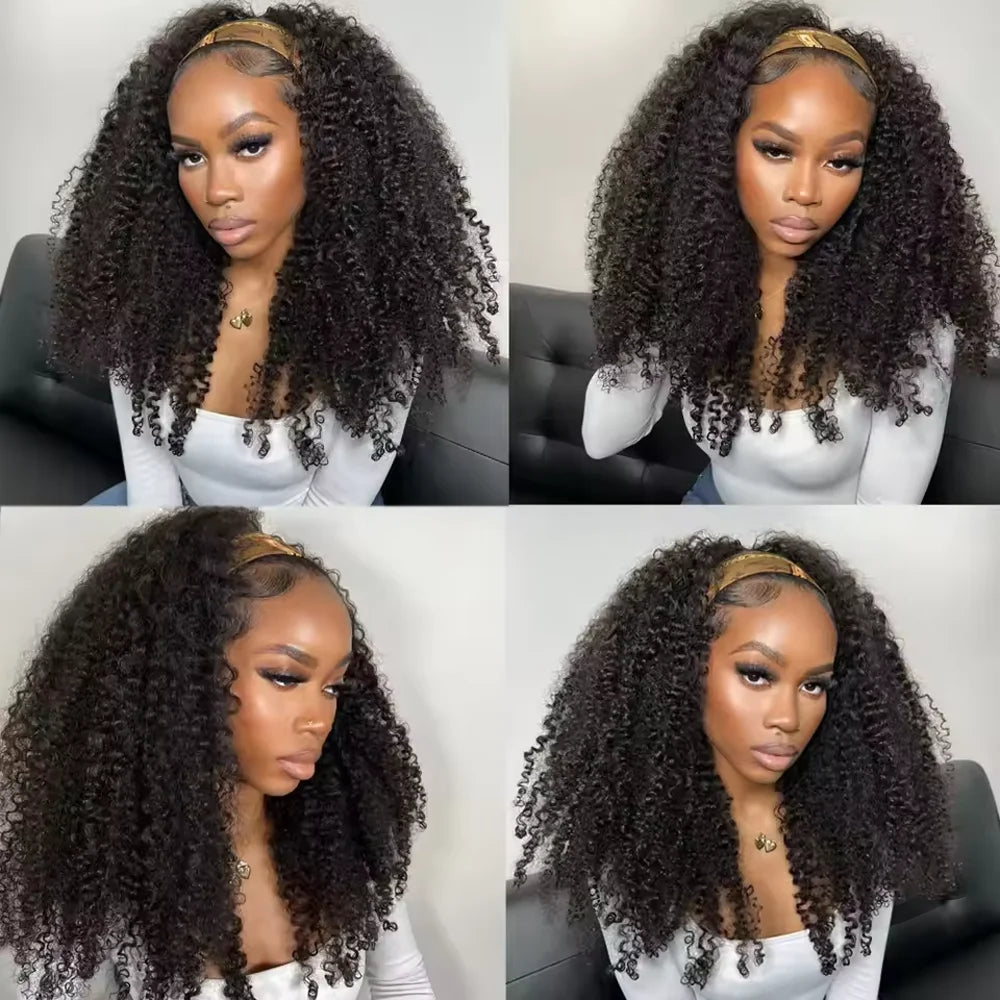 A woman models a black kinky curly human hair half wig with a drawstring