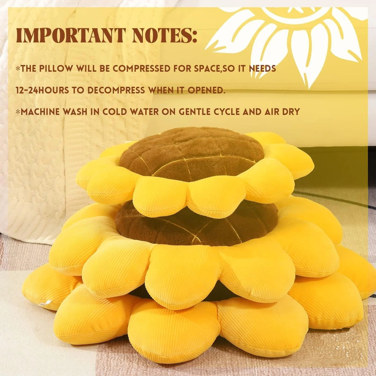 A stack of yellow and brown sunflower-shaped floor pillows with important care instructions visible.