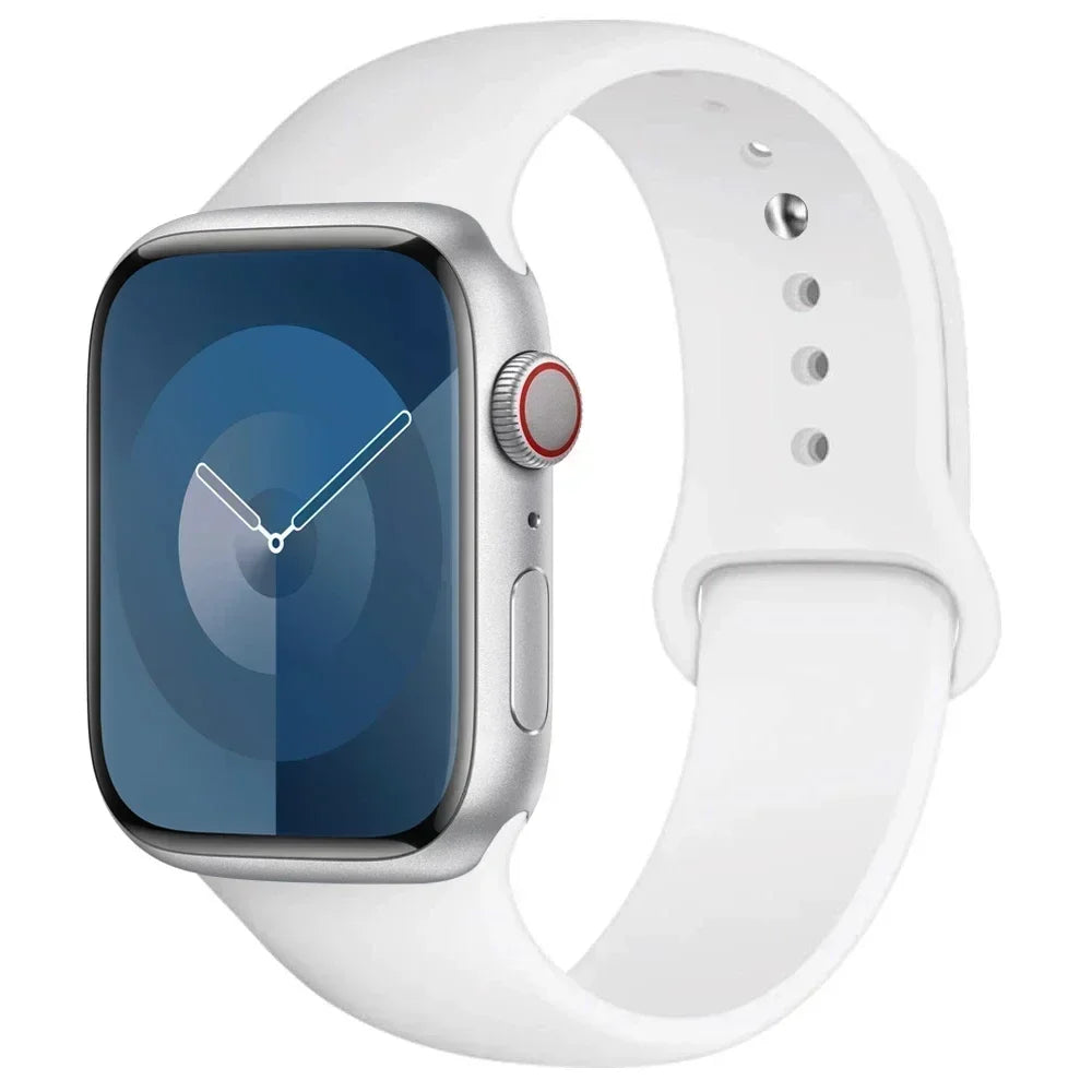 A white silicone sport band is shown with an Apple Watch, featuring a blue screen display.