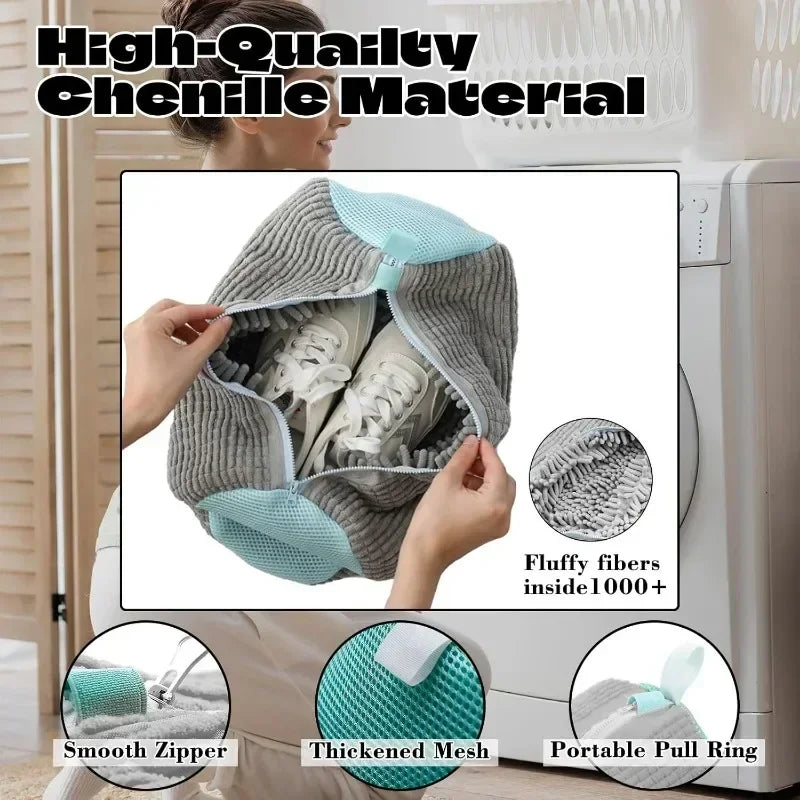 A reusable shoe washing bag made of high-quality chenille material shown being used for laundry.