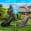 Comparison of a black heavy-duty outdoor push mower cover and a gray one against a green lawn.