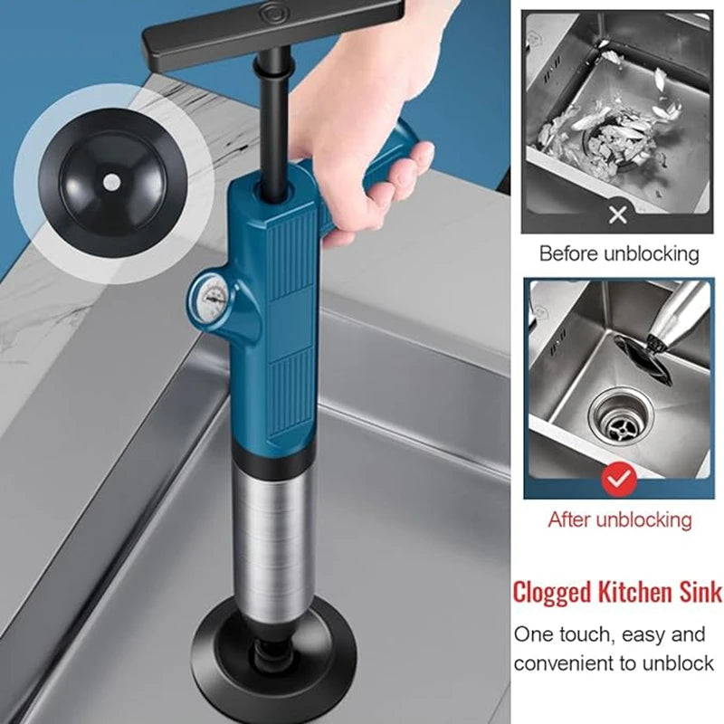 A hand is operating a blue and black high-pressure pneumatic drain unblocker device for unclogging a kitchen sink.