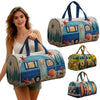 A woman holds a quilted travel duffle bag featuring 3D stitching and a vintage train design.