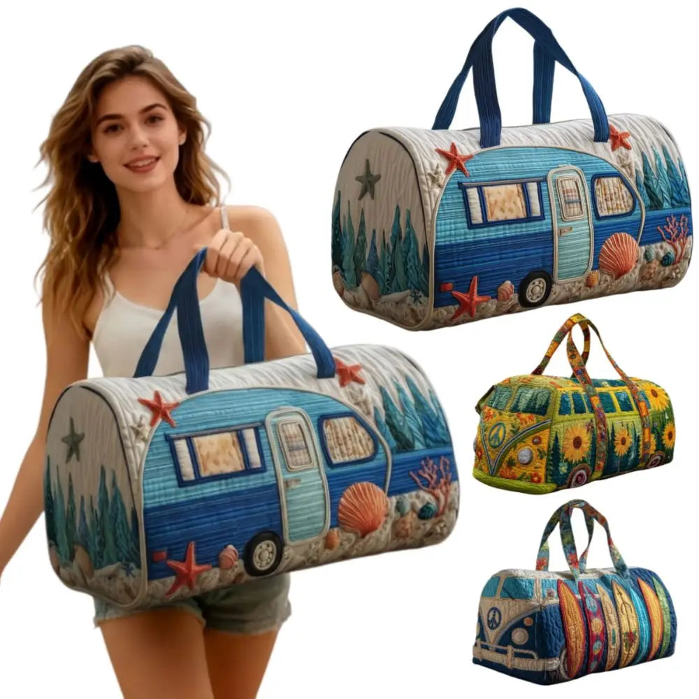 A woman holds a quilted travel duffle bag featuring 3D stitching and a vintage train design.