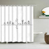 A white shower curtain featuring a black line drawing of a cat and various potted plants.