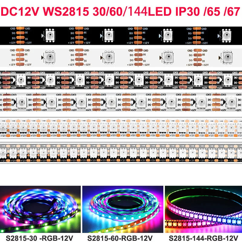 Individual addressable RGB LED strips in various lengths and colors including 30/60/144 LED options