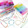 A variety of colorful glass rice beads and stringing materials are displayed in various colors and quantities for jewelry mak