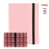 A pink card binder album with a black spine and a grid layout for holding 360 cards.