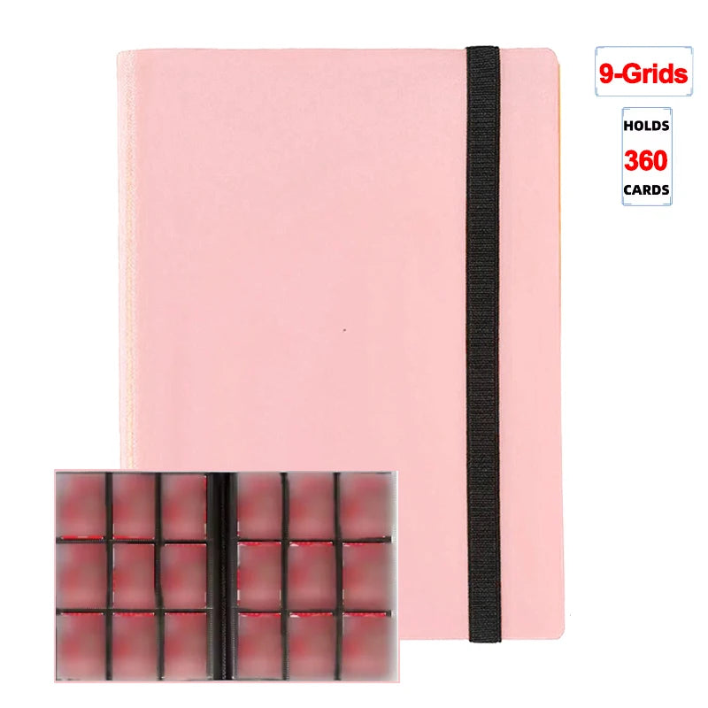 A pink card binder album with a black spine and a grid layout for holding 360 cards.