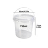 A clear plastic storage container with a lid and handle, measuring 11cm in diameter and holding 750ml.