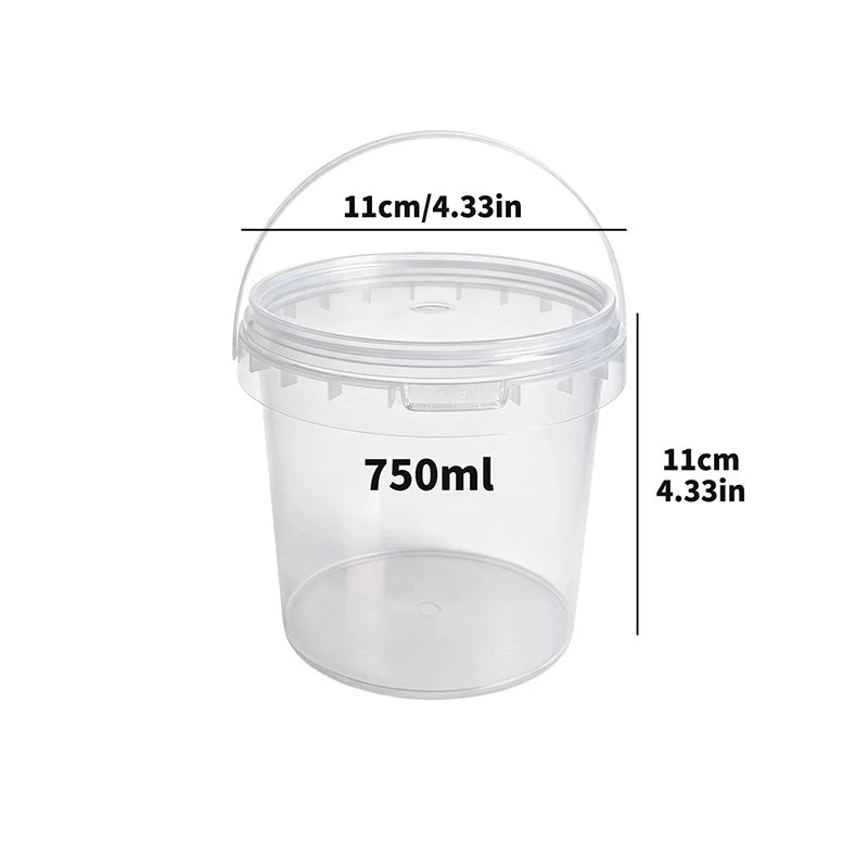 A clear plastic storage container with a lid and handle, measuring 11cm in diameter and holding 750ml.